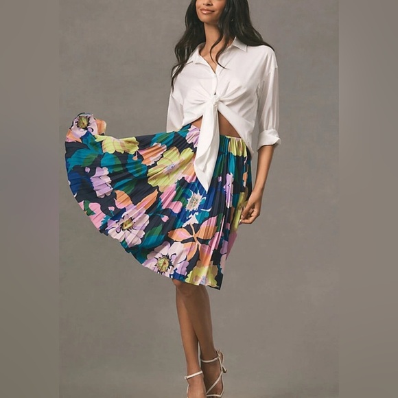 Anthropologie Maeve Midi Skirt The Valerie Pleated Blue Motif Preppy Floral sz 4 - Picture 1 of 7